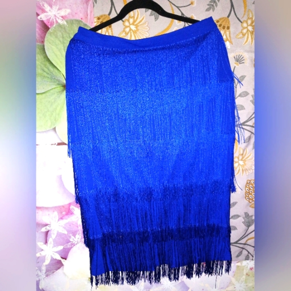 Aomeli Blue Fringe Midi Skirt